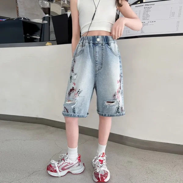 Summer New Arrival Kids Girls Ripped Denim Shorts with Drawings Teens Child Fashion Broken Hole Mid Calf Capris Jeans Age 5-14T - Image 4
