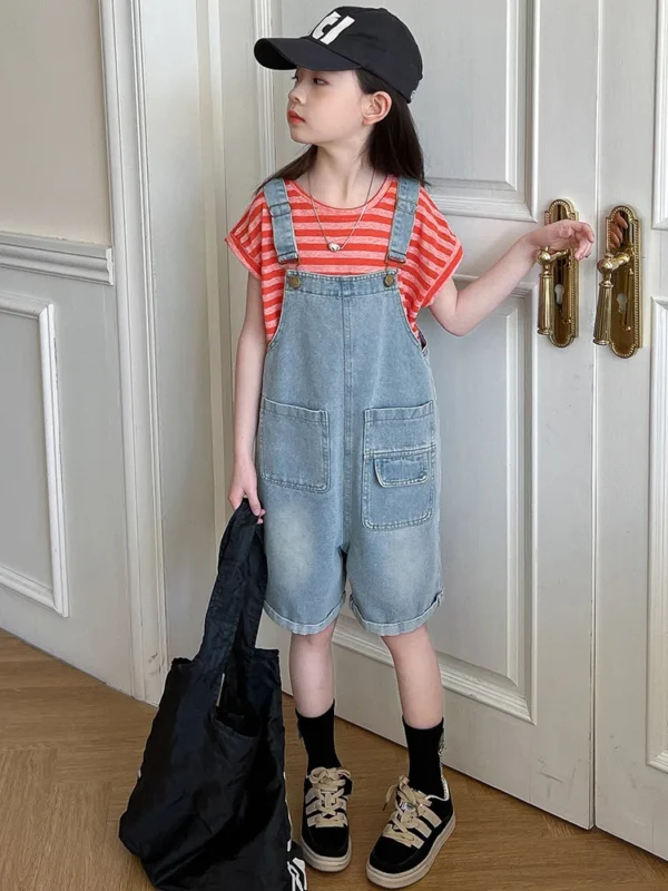 2025 Summer Kids Girls Overalls Jeans for Child deep blue Denim Jumpsuit Pockets short Teens lady Suspender Trousers 5 -14 Year - Image 4