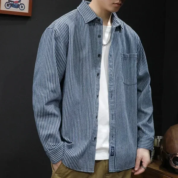 Spring Autumn Striped Shirt Men's Non Ironing Long Sleeve Shirt Casual Loose Denim Jacket Elegant Social Shirts for Men Korean - Image 3