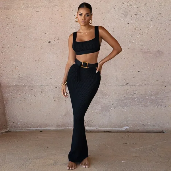 CPSYMYM Knit Ribbed Women Cutout Waist Midi Maxi Long Skirt Suit and Tank Top Street Matching Two 2 Piece Dress Sets Outfit