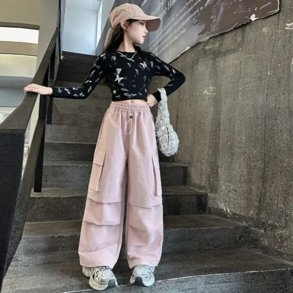 Trousers High Waist Vintage Casual Streetwear Baggy Pants 5-14Y Kids Hip Hop Joggers Pants Girls Cargo Pants Teenage Straight - Image 5