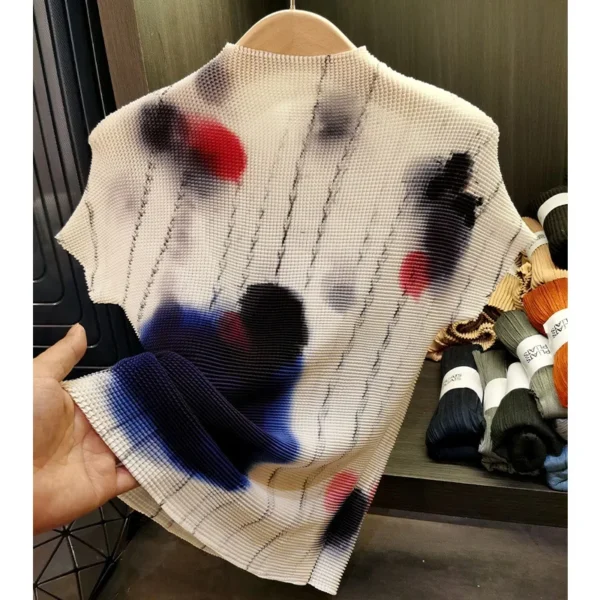 Miyake Summer New T-shirt Stand-up Collar Printed Corn Kernels Pleated Top Women's Casual Versatile and Thin Short Sleeves - Image 4