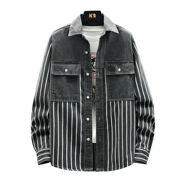 Men's Trendy All-match Loose and Thickened Long-sleeved Jacket with Striped Jacquard Denim Shirt for Spring and Autumn. - Image 5