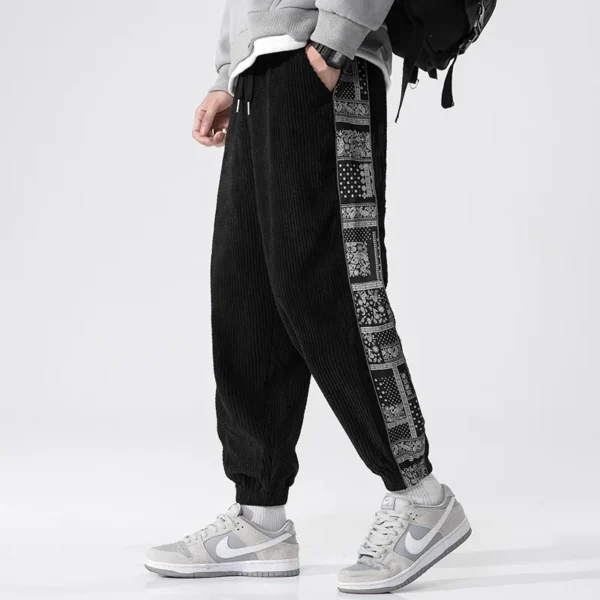 Trousers Chinese Style Printed Stitching Corduroy Men's Casual Pants Autumn Winter New Male Elastic Waist Small Feet Sweatpants - Image 6