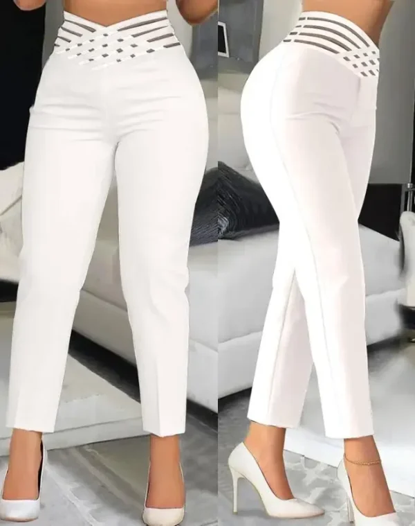 Women's Fashion Overlap Waist Hollow Out Work Pants 2024 Spring New Casual Sheer Mesh Ruched Elegant Office Lady Long Trousers - Image 4