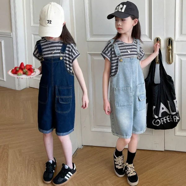 2025 Summer Kids Girls Overalls Jeans for Child deep blue Denim Jumpsuit Pockets short Teens lady Suspender Trousers 5 -14 Year