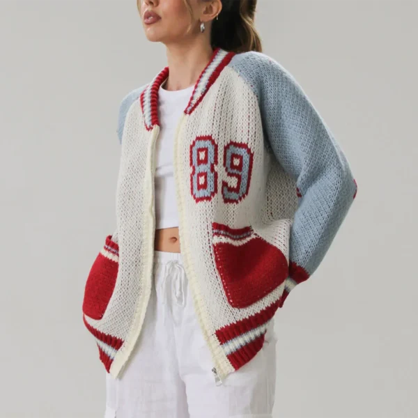 Women Knit Varsity Jacket Oversized Zipper Long Sleeve Letter Print Cardigan Sweater Y2k E-Girls Coats Winter Fall Outerwear - Image 6