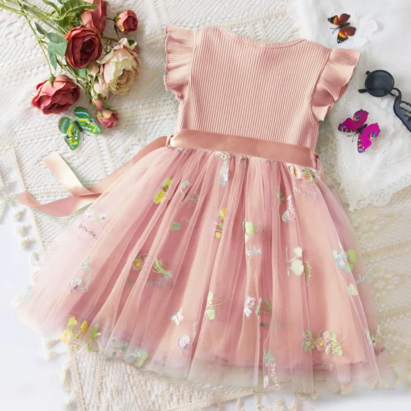 Baby Girls Birthday Princess Dress Flower Embroidered Flying Sleeve Mesh Dress Infant Summer Girls Party Beach Holiday Clothing - Image 2