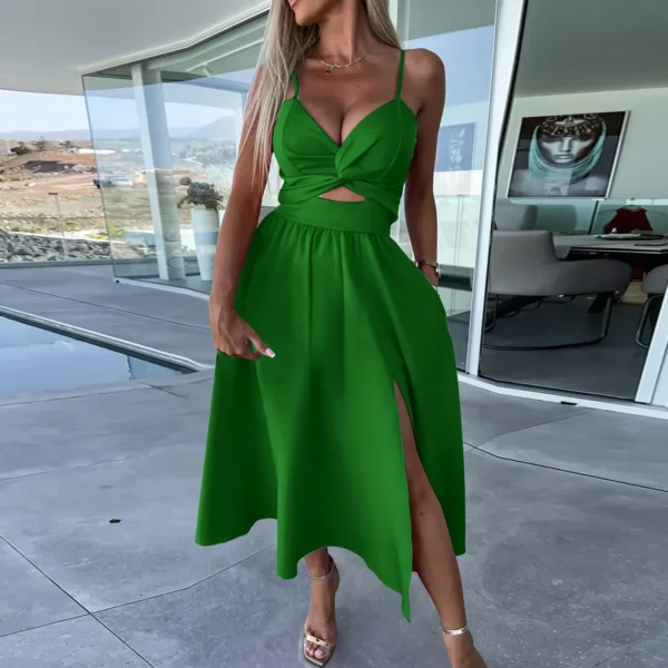 Womens Sexy V-Neck Oversized Strap Dresses Ladies' Fashion Temperament Hollow Out Solid Pleated Slit Evening Cocktail Dresses - Image 2