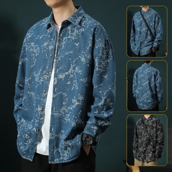 2024 Spring and Autumn New Fashion Printed Long Sleeve Denim Shirt Men's Casual Relaxed Comfortable Breathable Large Size Shirt