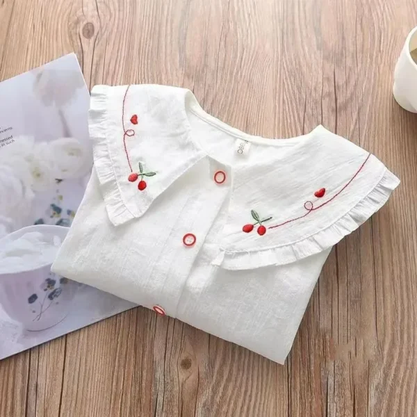 Korean Edition Long Sleeve Cotton Shirt Top White Student Shirt Lace Girls' Spring and Autumn Polo Neck Shirt Children's Solid - Image 3