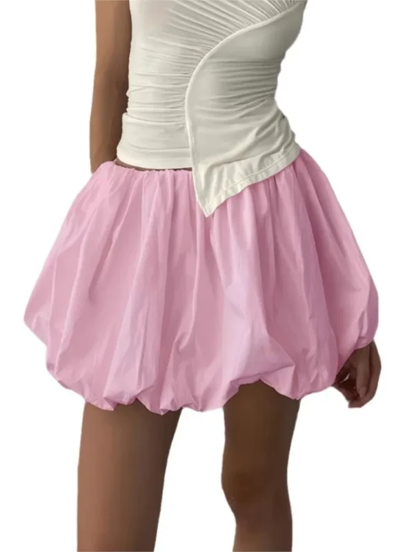 Women's Y2K Style Solid Color All-match Lantern Puffy Balloon Skirt Bubble Skirts Elastic Waist Pleated Ruffle A-Line Mini Skirt - Image 6