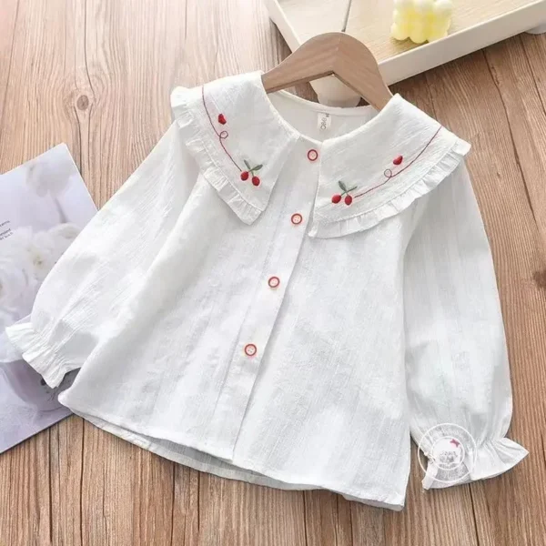 Korean Edition Long Sleeve Cotton Shirt Top White Student Shirt Lace Girls' Spring and Autumn Polo Neck Shirt Children's Solid - Image 4