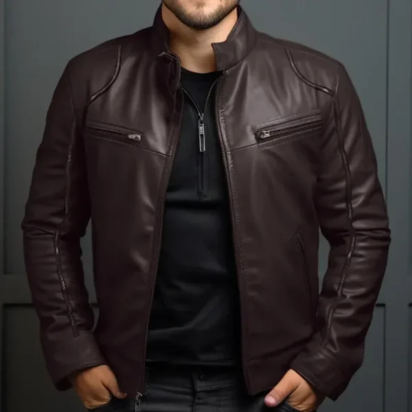 Men's Biker Leather Jacket Stand-up Collar Punk Leather Jacket Men - Image 2