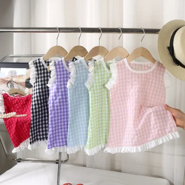 2025 Summer Baby Girls Dress Kids Sleveless Dresses 1-10 Years Birthday Costume Grid Sundress Children's Clothing
