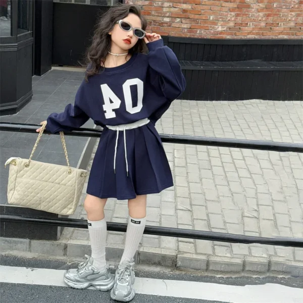 Girls Tracksuit Casual Printed Pullovers Pleated Skirt 2pcs Spring New Children Clothing Set Blue Sport Teen School Kids Outfits - Image 4
