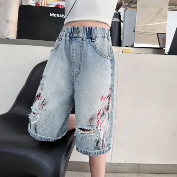 Summer New Arrival Kids Girls Ripped Denim Shorts with Drawings Teens Child Fashion Broken Hole Mid Calf Capris Jeans Age 5-14T - Image 2