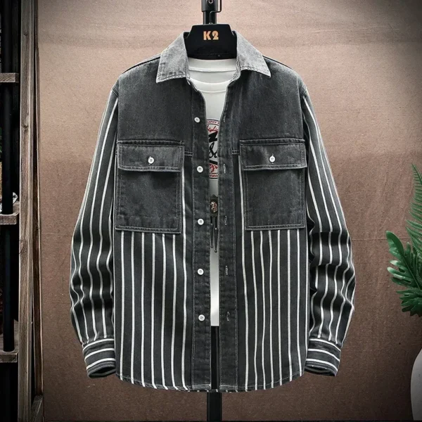 Men's Trendy All-match Loose and Thickened Long-sleeved Jacket with Striped Jacquard Denim Shirt for Spring and Autumn. - Image 2