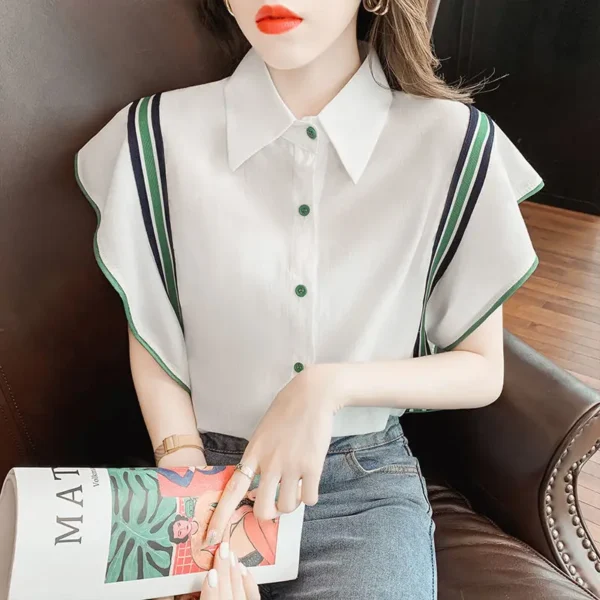 Women's Buttoned Shirts Fashion Ruffle Top Loose Youth Trends Chiffon Korean Style Beautiful Casual Summer Blouse for Women Silk - Image 3