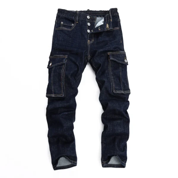 Street Designer Fashion Men Jeans High Quality Vintage Blue Straight Fit Big Pocket Denim Cargo Pants Men Brand Hip Hop Jeans