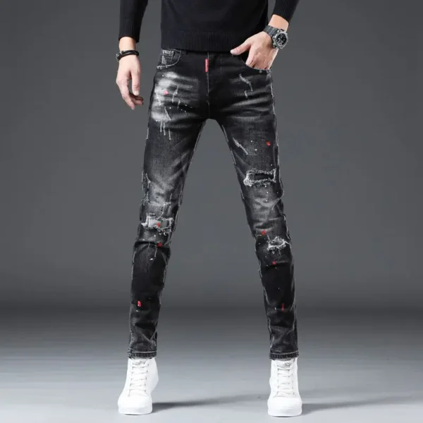 New Arrival Spring Autumn Denim Jeans for Men Slim Distressed Ripped Pants Paint Splatter Design Streetwear Luxury Slim Jeans - Image 4