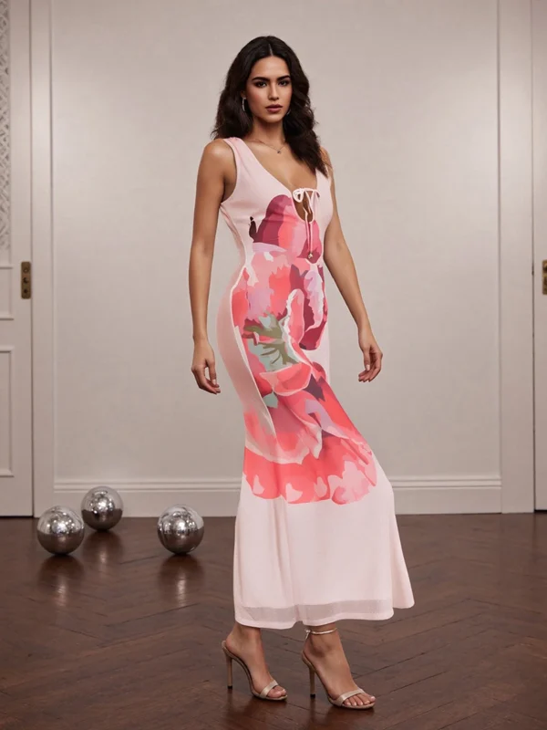 New Sexy Trim Dress For Women Floral Print V Neck Sleeveless Bodycon Dress Backless Cocktail Party Dresses Fashion Clothes - Image 2