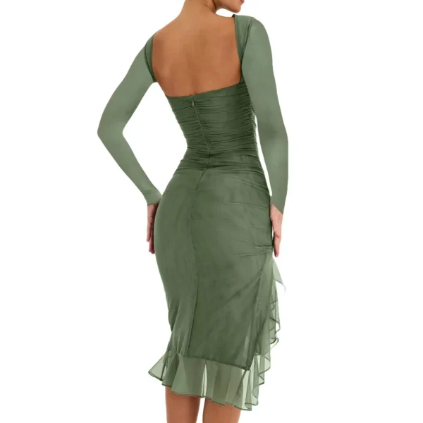 Fashion Women Midi Bodycon Dress Solid Color Ruffles Long Sleeve Dress Spring Backless Party Cocktail Dress Streetwear Summer - Image 3